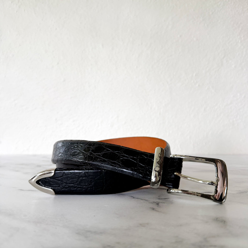 Martin Dingman Black Crocodile Grain Italian Calfskin Belt with Silver Tip | 42