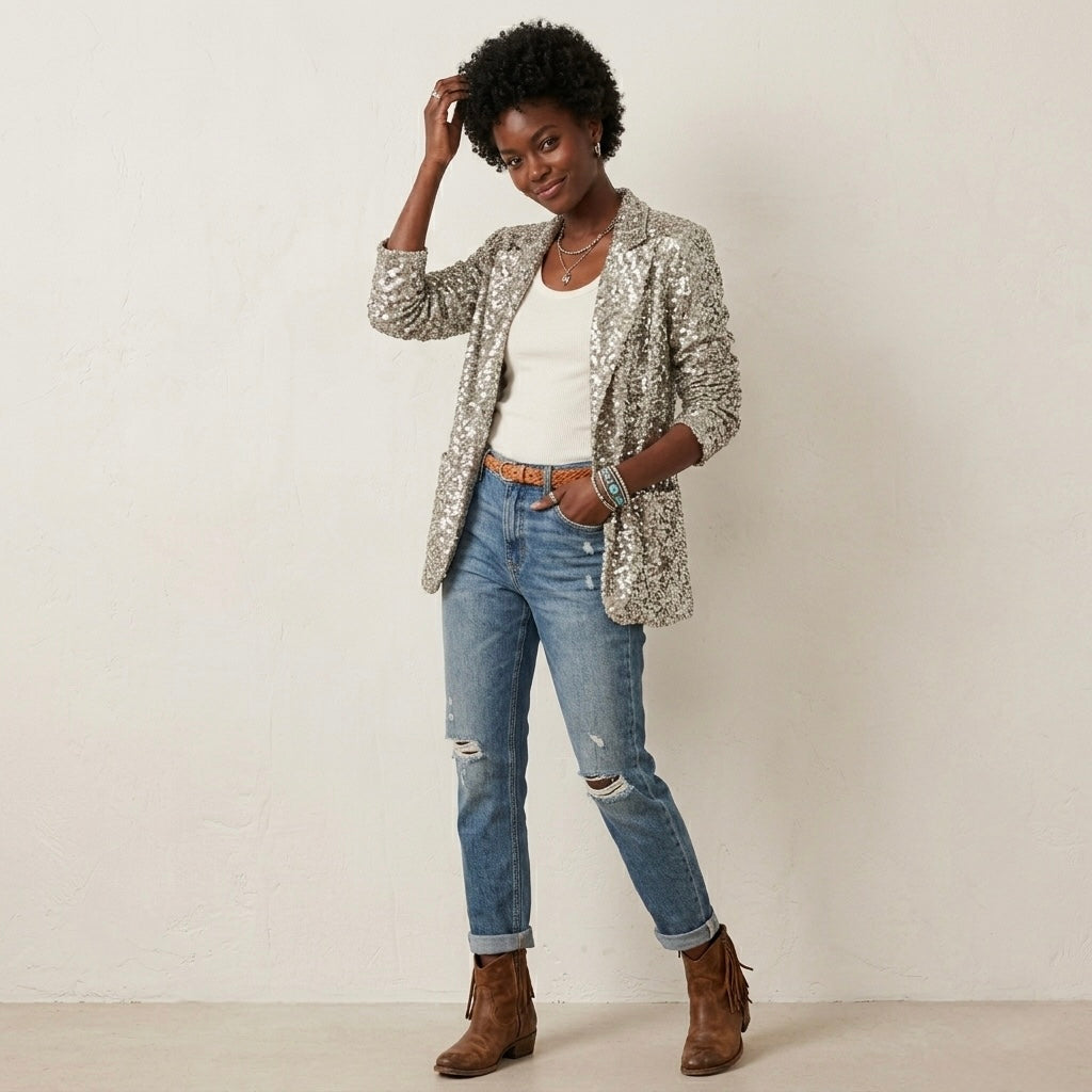 Express Silver Sequin One Button Boyfriend Blazer |  XS