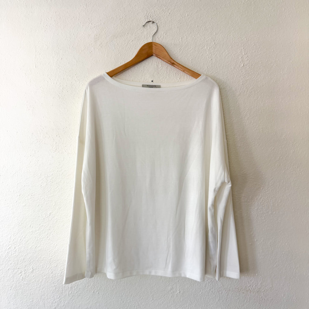 AllSaints Rita Boatneck Long Sleeve Oversize T-Shirt in Cream | XS