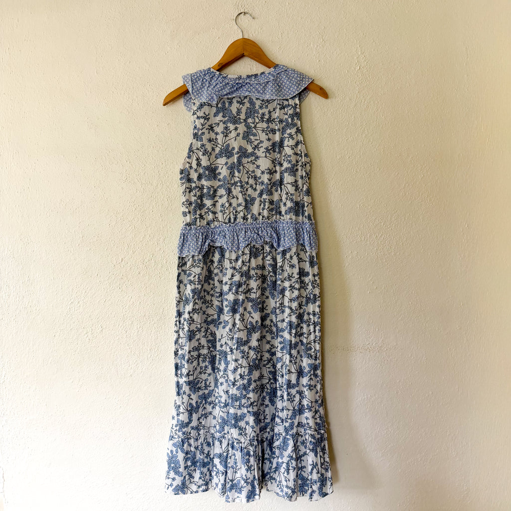 Magari Blue Floral Contrast Yoke Drawstring Wasit Midi Dress | XS