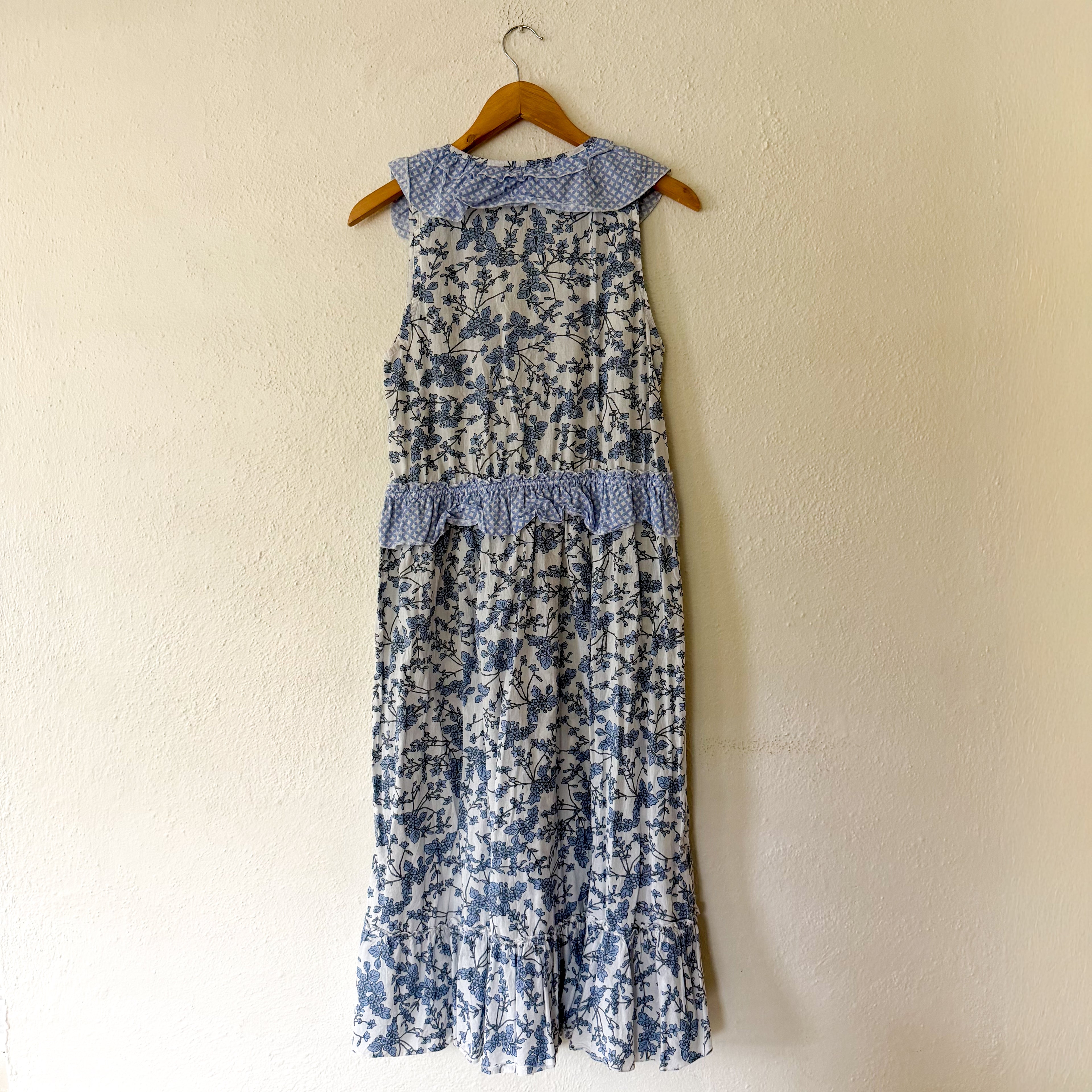 Magari Blue Floral Contrast Yoke Drawstring Wasit Midi Dress | XS