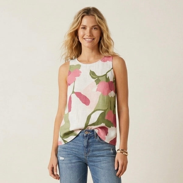 Vince Camuto Linen Blend Neutral Floral Sleeveless Blouse | XS