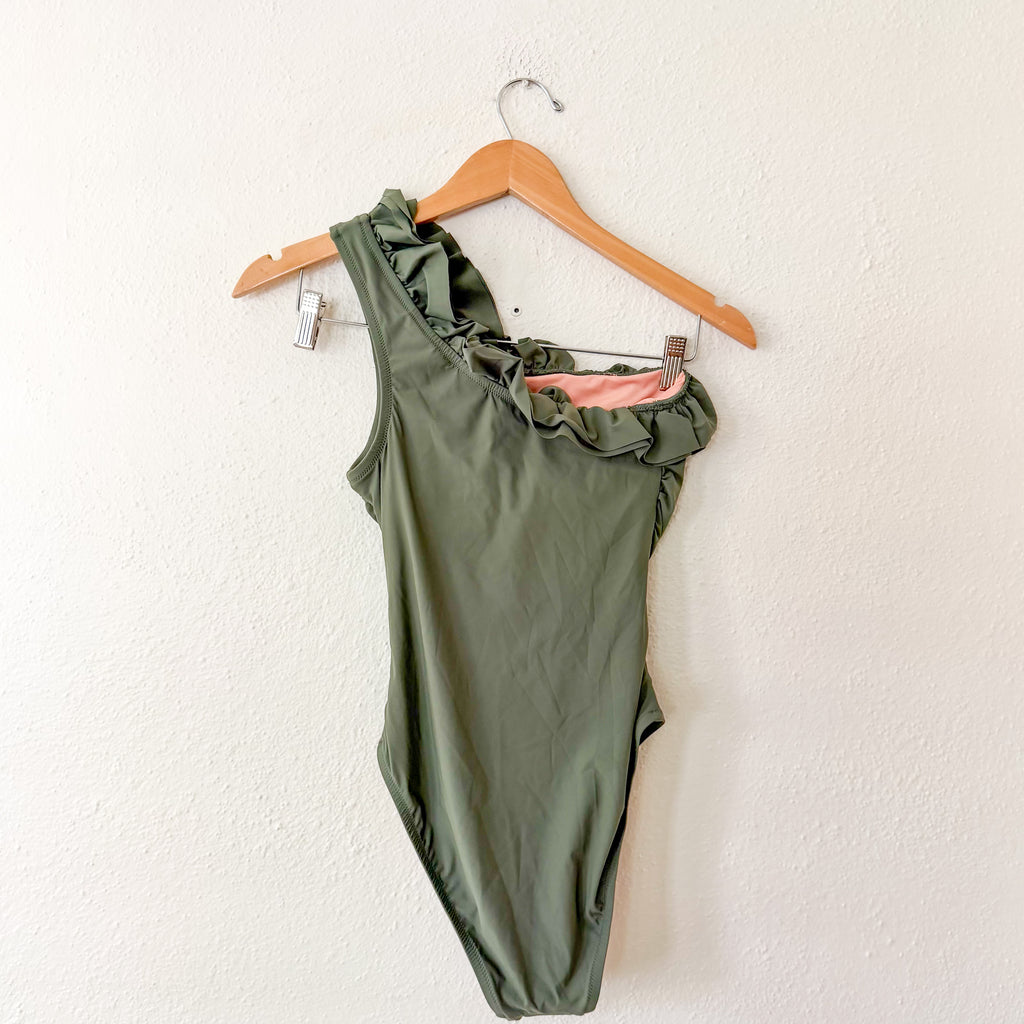 J.Crew Matte Ruffle One-Shoulder One-Piece Swimsuit in Cool Cypress | 2