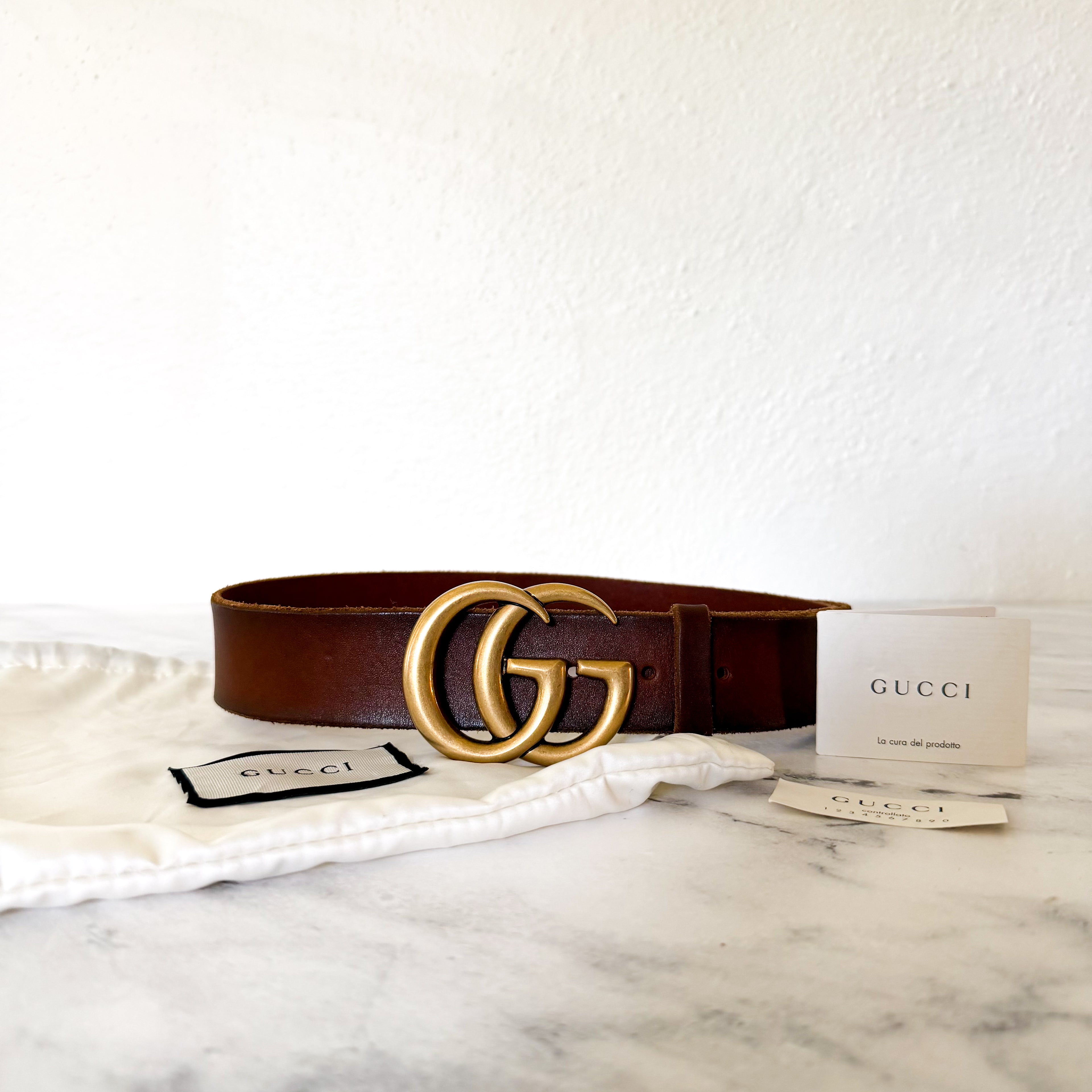 Gucci GG Marmont Brown Faded Leather Antique Brass Wide Belt | XS