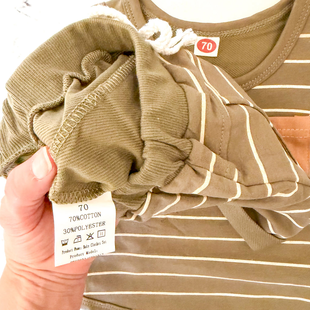 Unbranded Olive Green Cream Stripe Tank Top + Drawstring Shorts Matching Set | 6-12m
