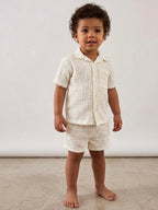 Next Baby Boys Ecru Texture Plain Revere Collar Short Sleeve Shirt + Shorts Set | 6-9m