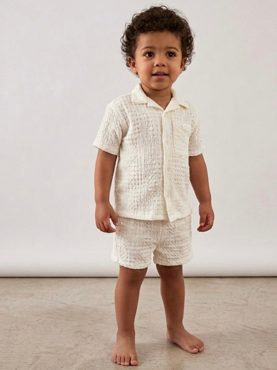 Next Baby Boys Ecru Texture Plain Revere Collar Short Sleeve Shirt + Shorts Set | 6-9m