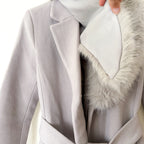 Mango MNG Detachable Faux Fur Collar Longline Wool-Blend Belted Coat in Ice Grey | XXS