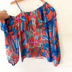 Parker NY Tropical Floral Silk Ruffle Off-The-Shoulder Top | XS