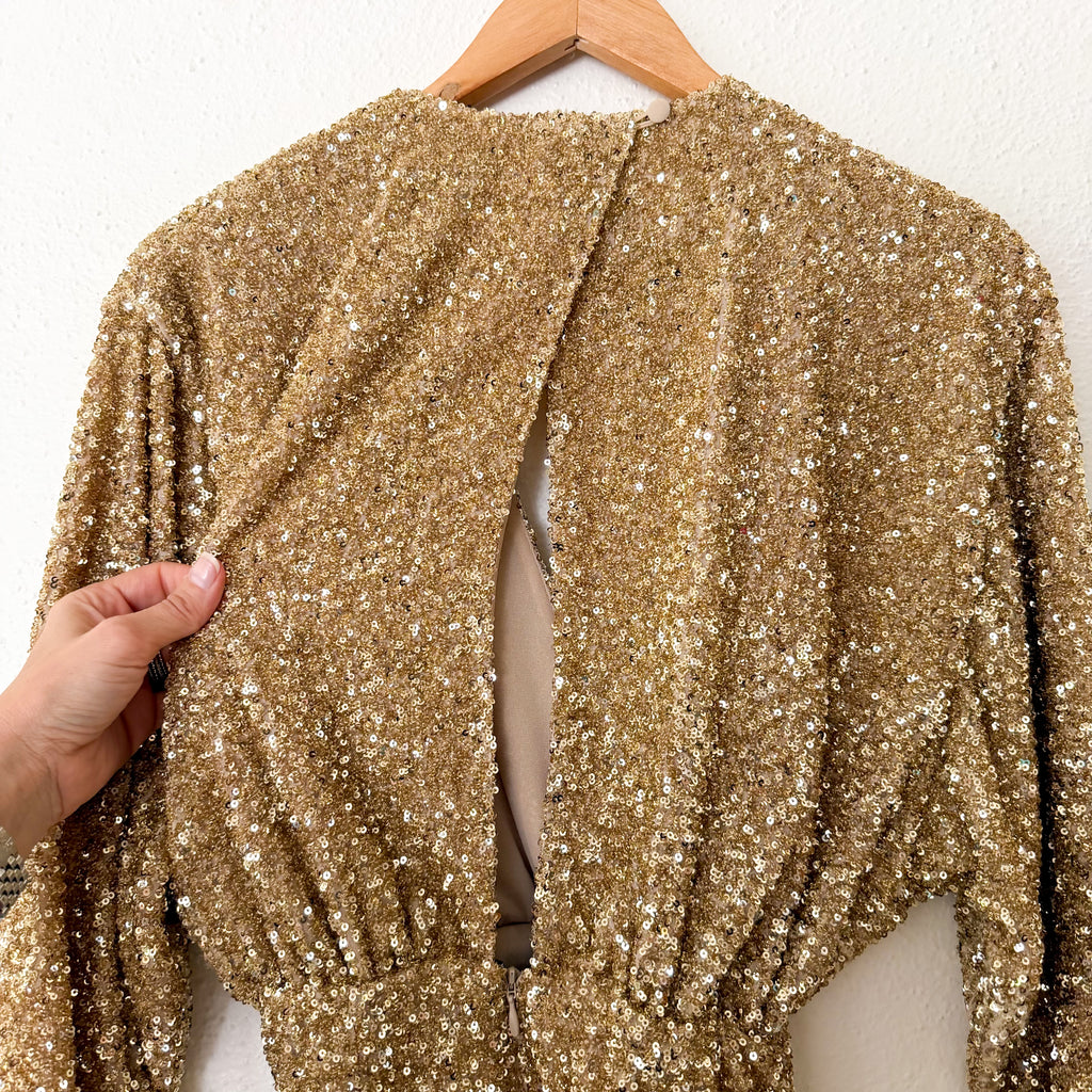& Other Stories Wrap-Effect Gold Sequin Dolman Sleeve Mini Dress | 0/EUR 32