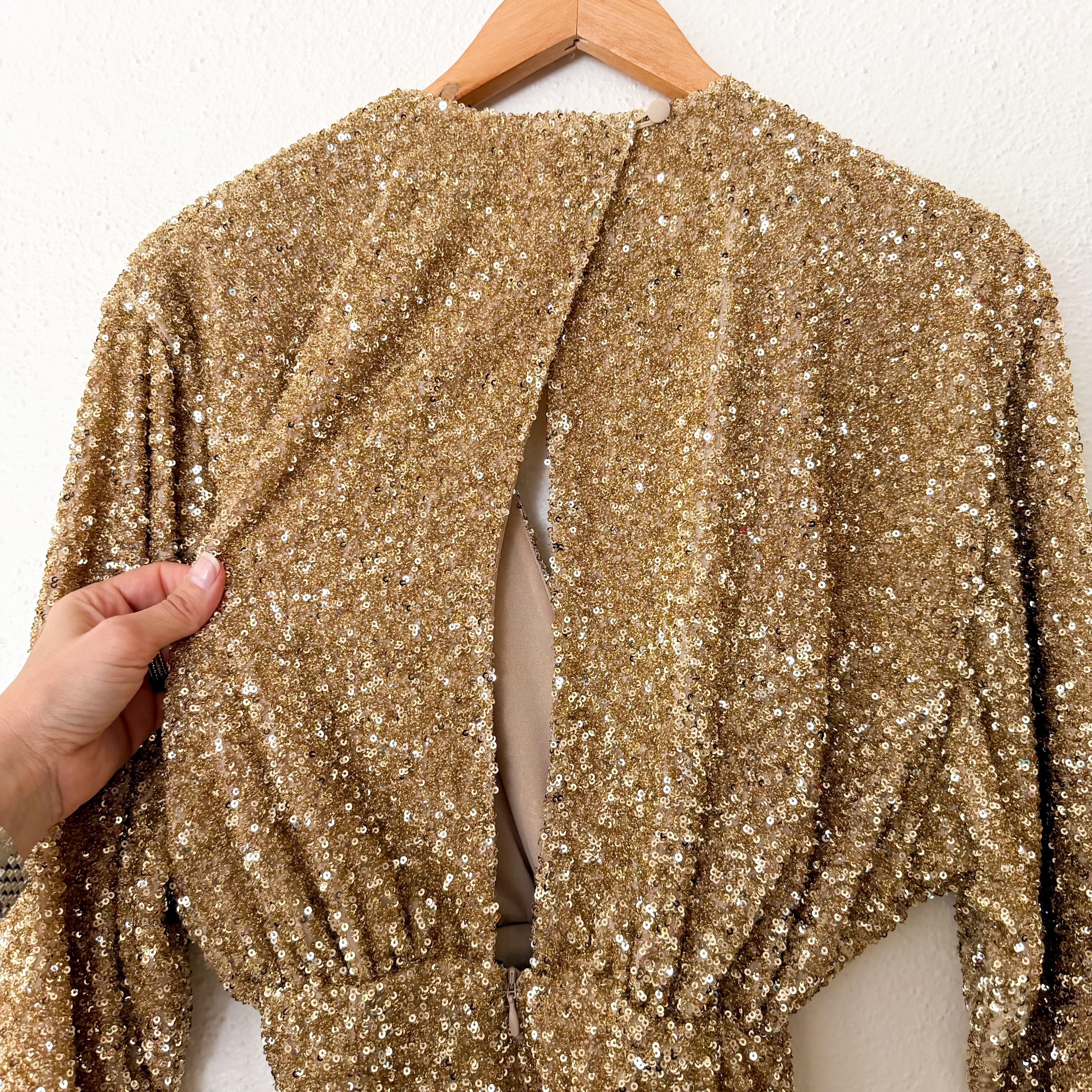 & Other Stories Wrap-Effect Gold Sequin Dolman Sleeve Mini Dress | 0/EUR 32