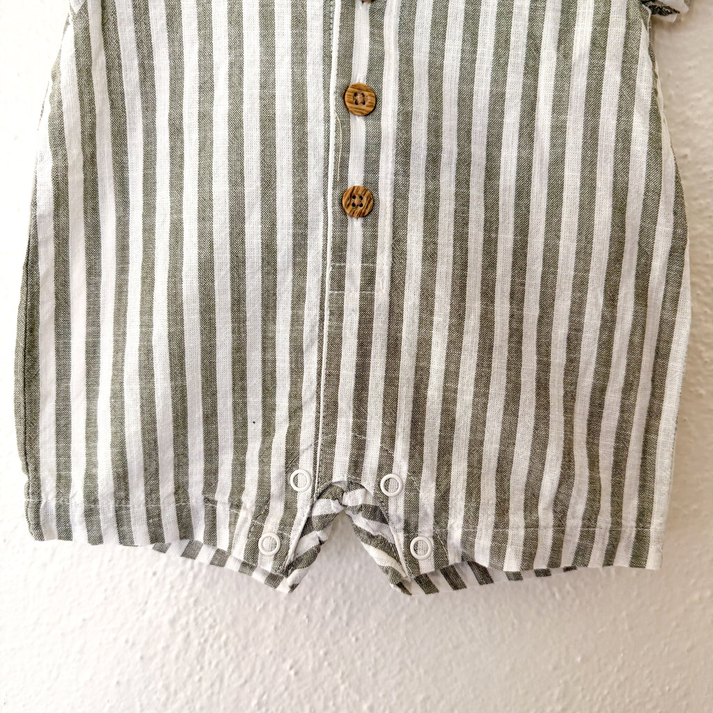 Carter's Olive Green Cream Stripe Cotton Button Down Romper | 0-3m