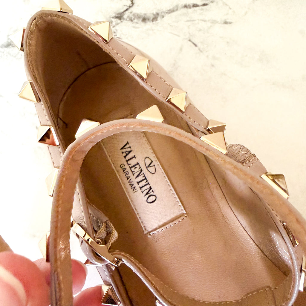 Valentino Garavani Rockstud Caged Nude Patent Leather Pointed Toe Ballet Flats | 36/US 6