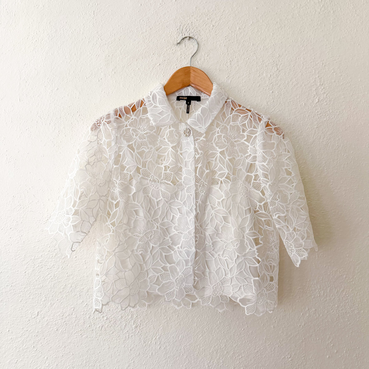 Maje Cropped Floral Lace Broderie Sheer Blouse in White | 0