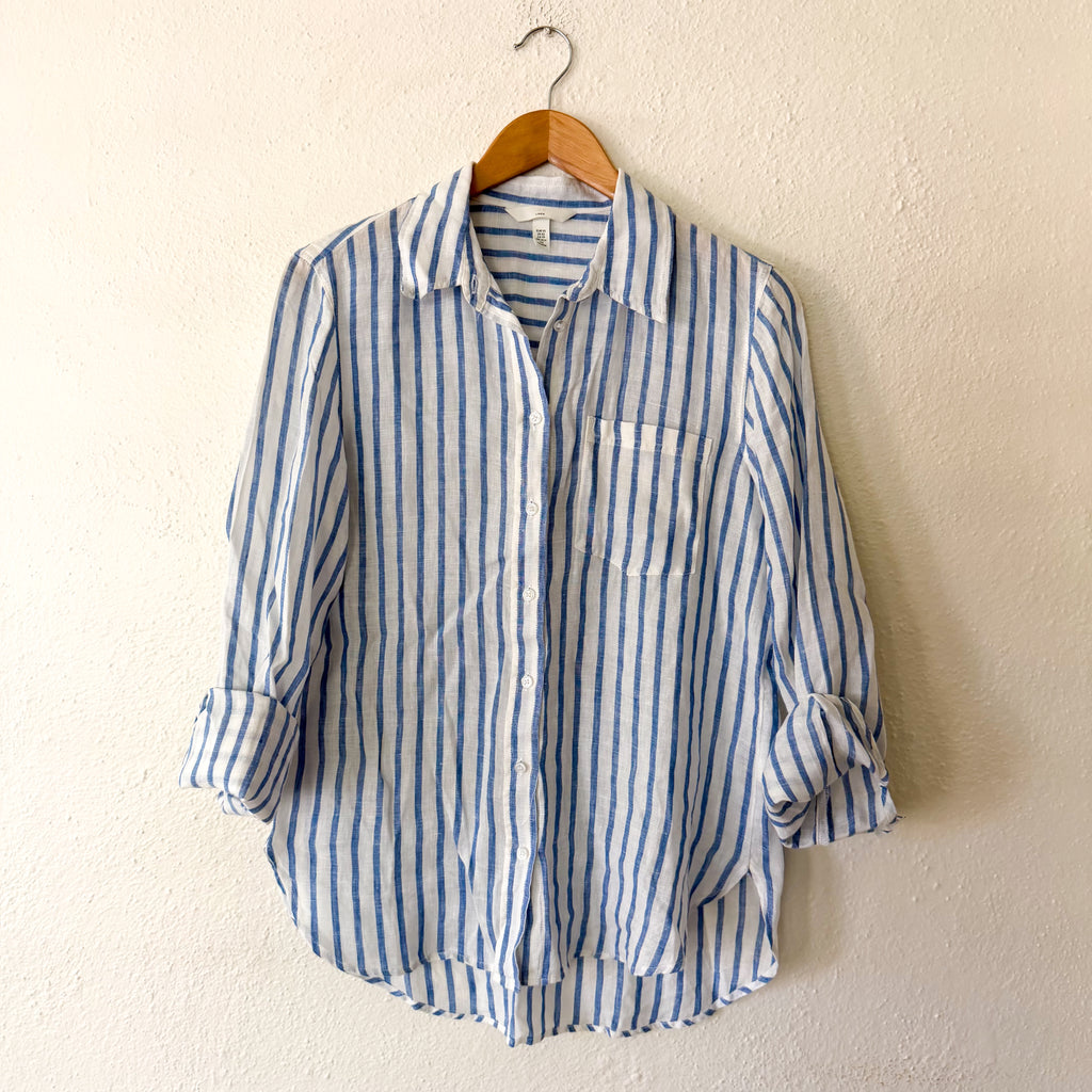 H&M 100% Linen Blue & White Stripe Button Down Long Sleeve Shirt | XS