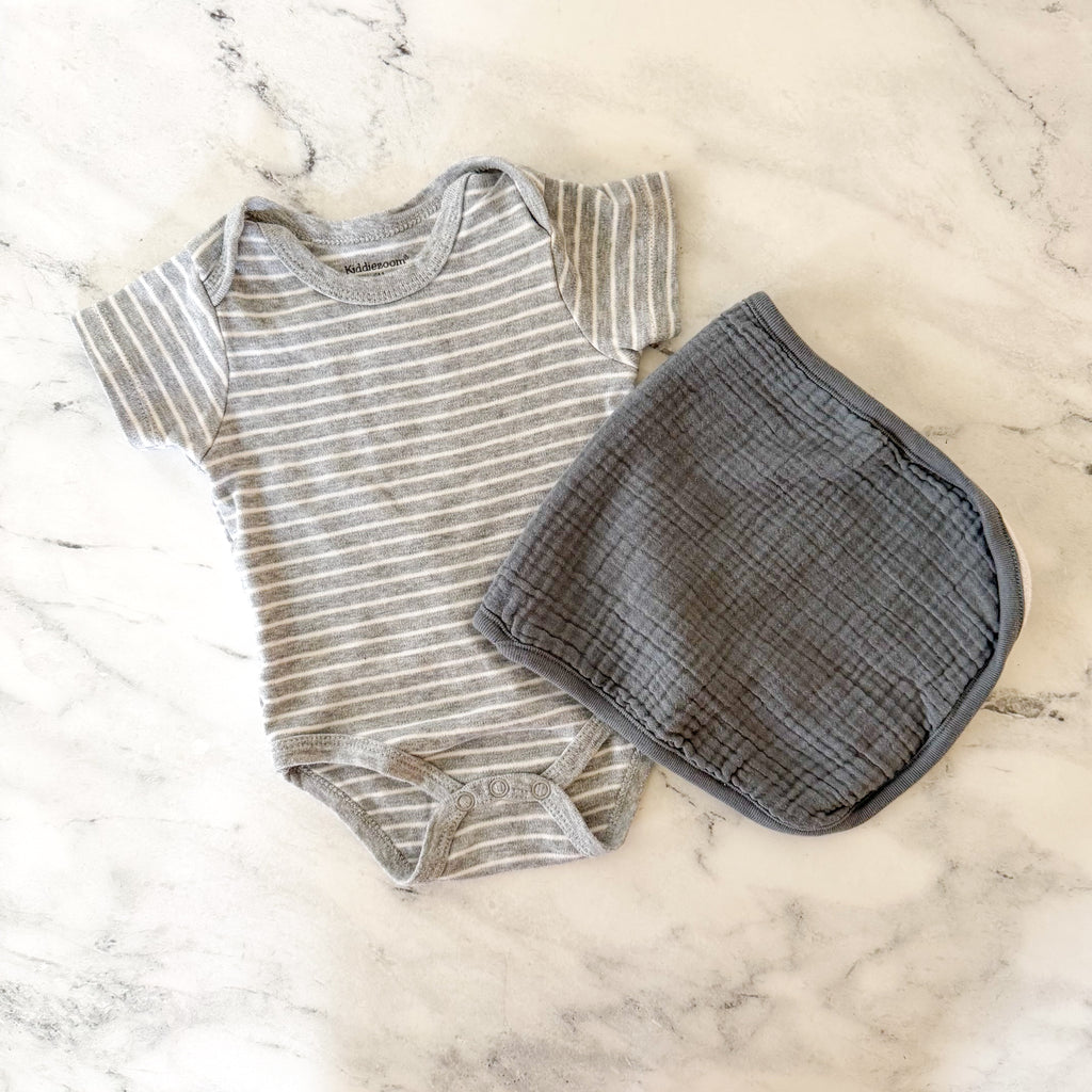 Kiddiezoom Grey White Stripe Bodysuit + Cloud Island Charcoal Gauze Burp Cloth Bundle | 3-6m