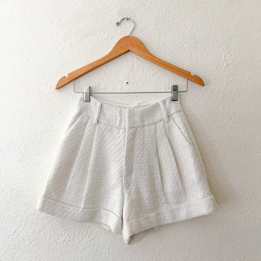 NA-KD Tweed Mid-Rise Pleat Detail Shorts in White | 34/2