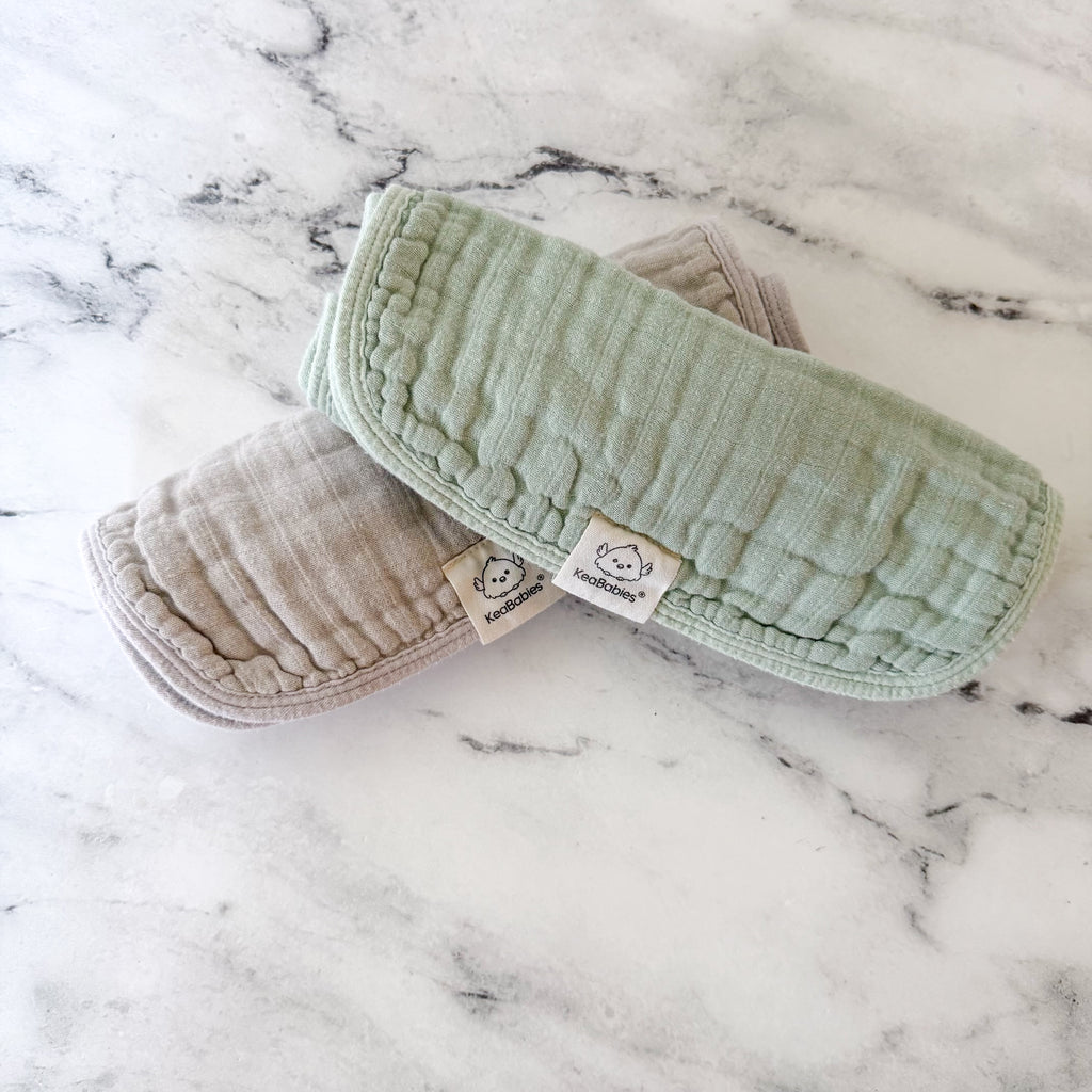 KeaBabies Lyra Organic Cotton Muslin Gauze Burp Cloths in Silver Grey & Sage