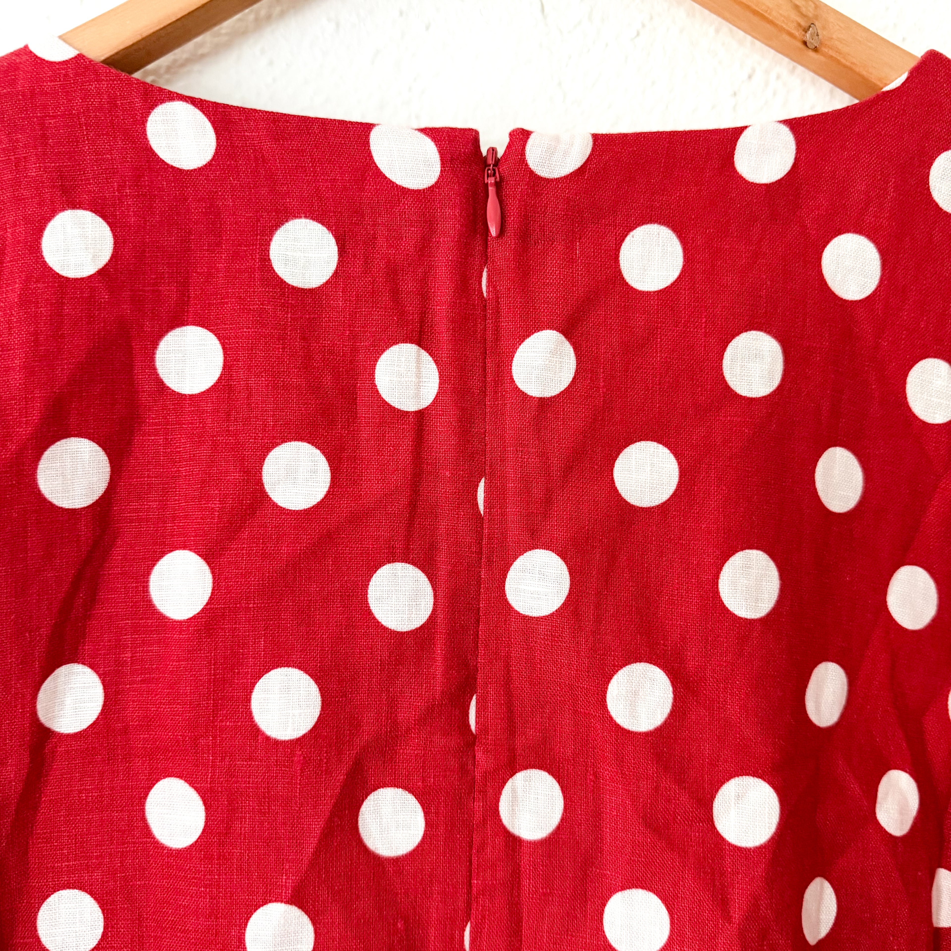 Posse Nina 100% Linen Red Polka Dot Elbow Sleeve Shift Mini Dress | S