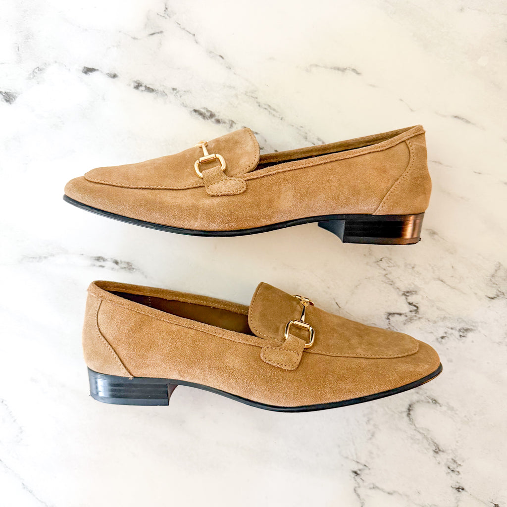MNG Mango Suede Horsebit Buckle Loafers in Caramel, sz 37/US 6.5