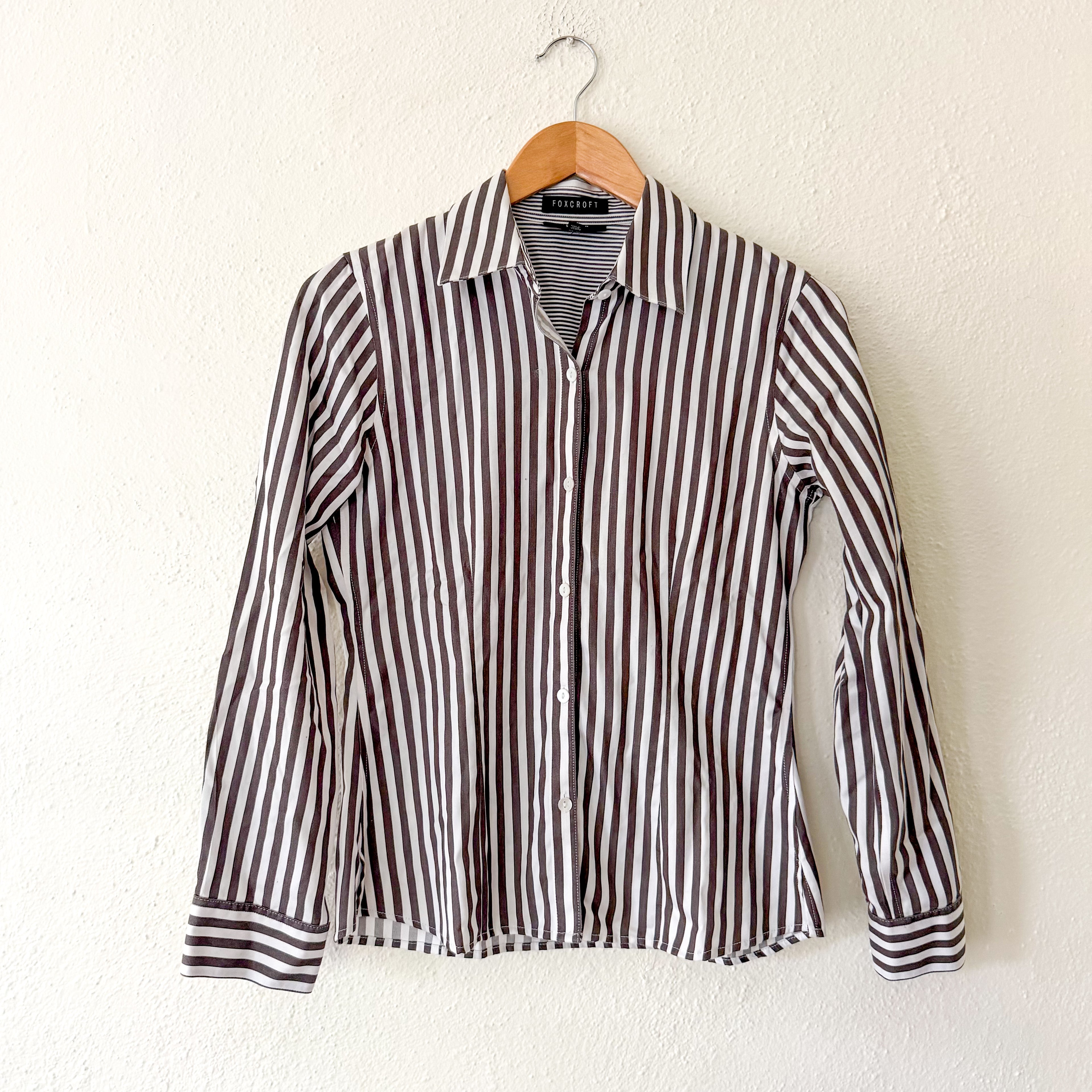 Foxcroft Petite Brown & White Striped No Iron Button Down Shirt | 4P