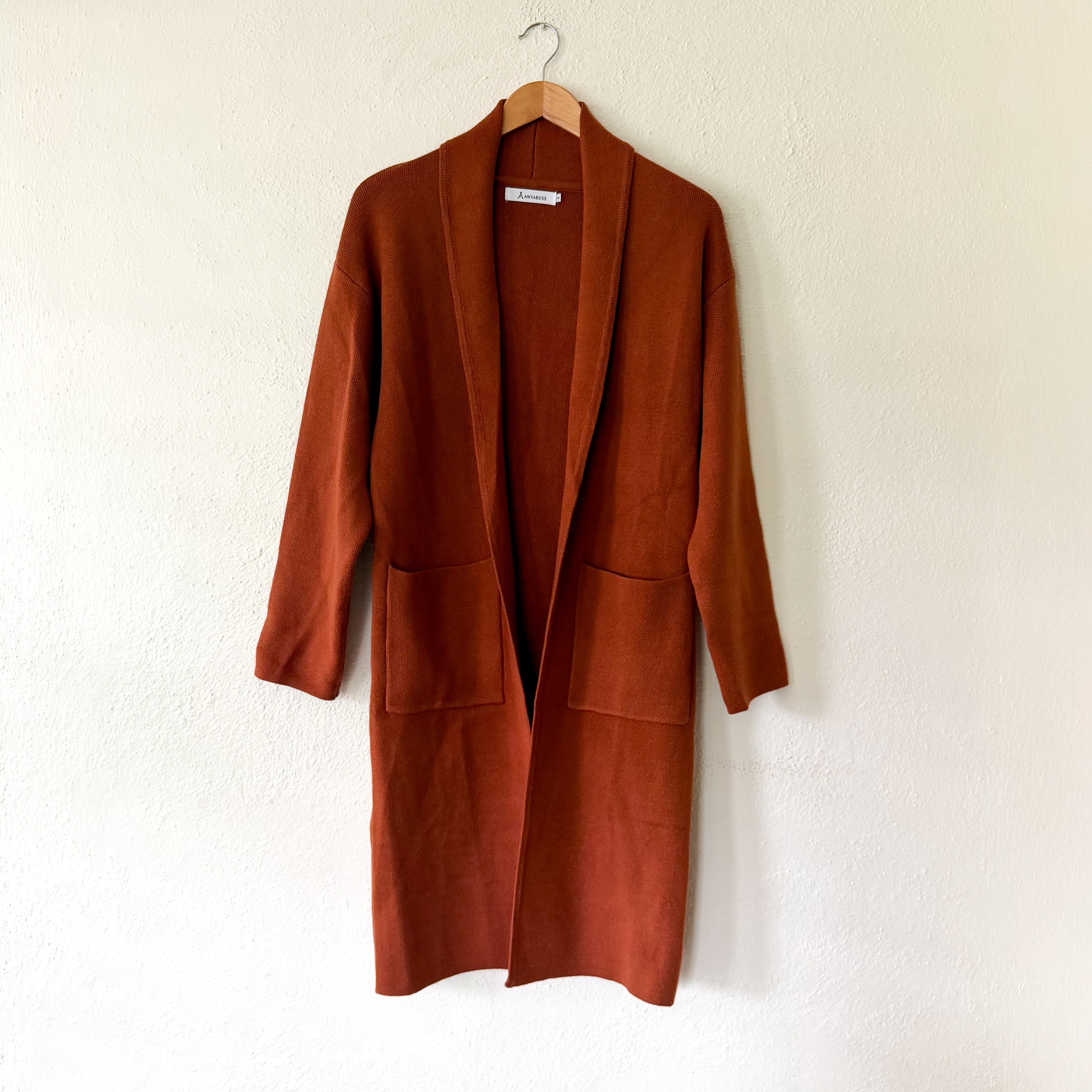 Anrabess Oversized Long Open Front Coatigan in Rust Brown | S