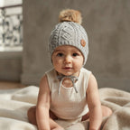 H&M Toddler Grey Cable Knit Pom Pom Beanie with Ear Flaps + Ties