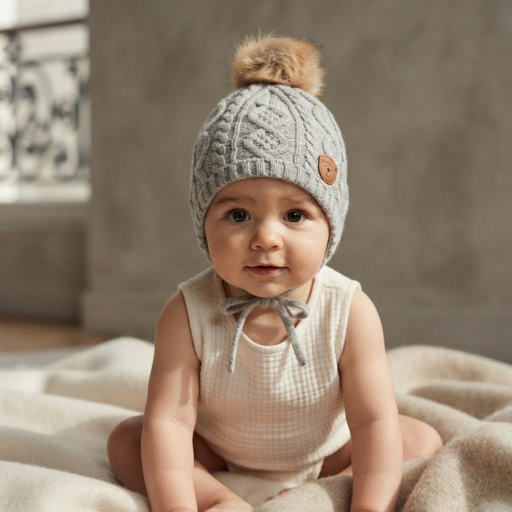 H&M Toddler Grey Cable Knit Pom Pom Beanie with Ear Flaps + Ties