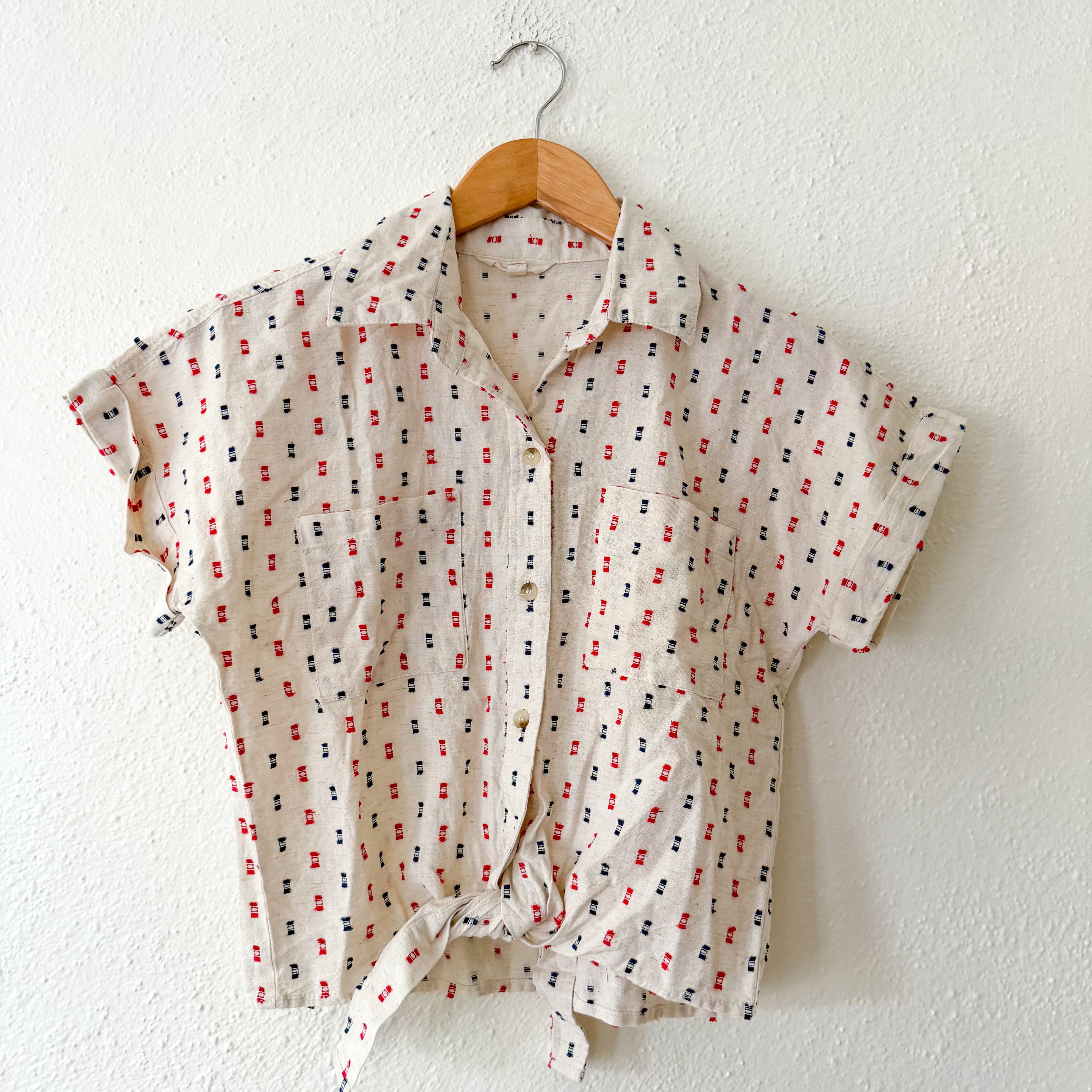 Sim & Sam Linen Blend Americana Red Blue Natural Button Down Shirt | S