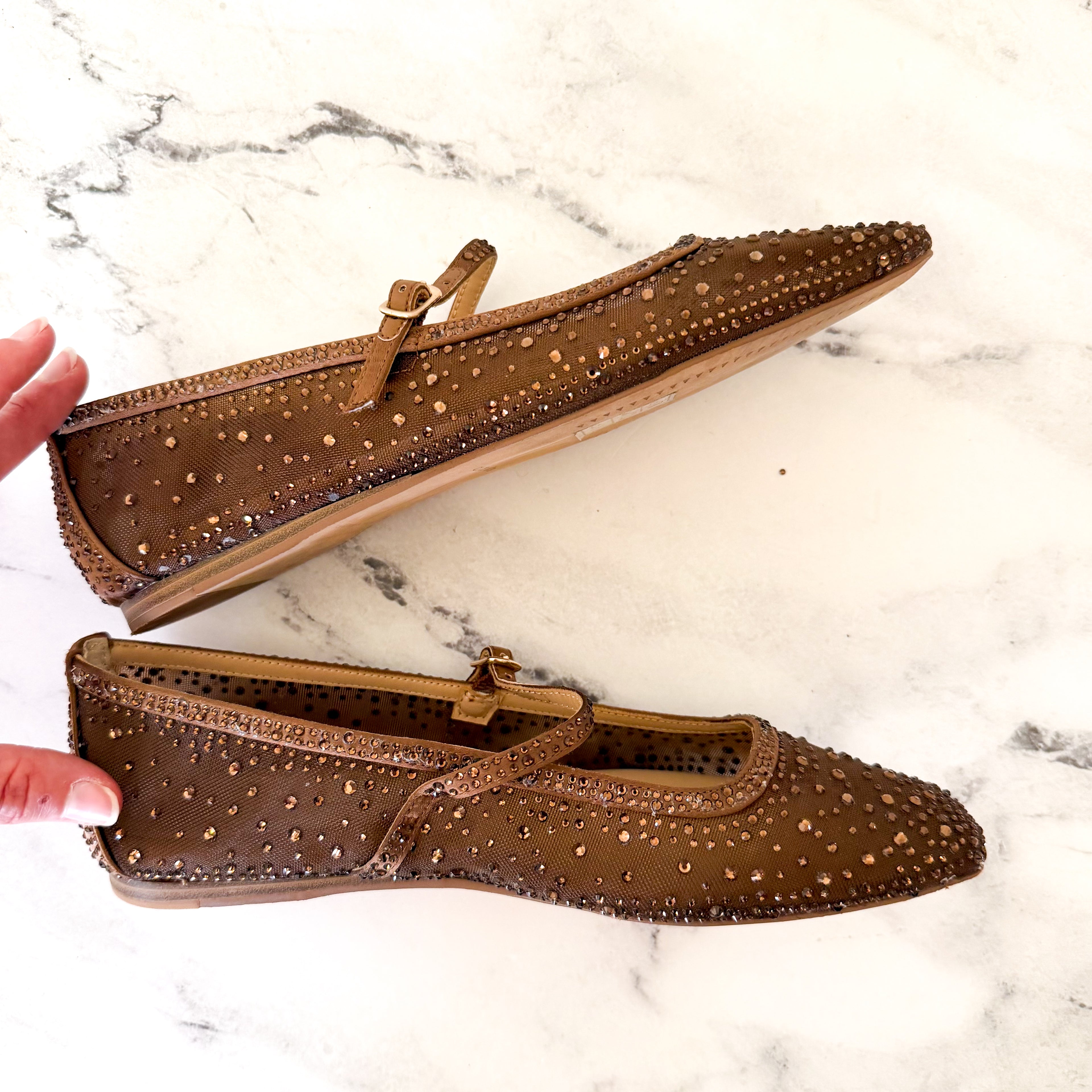 Dolce Vita Reyes Crystal Embellished Ballet Flats in Brown Mesh | 6.5