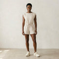 Womens Cream Throw & Go Shortsie Dupe Knit Muscle Sleeve Top Romper | S