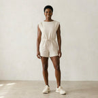 Womens Cream Throw & Go Shortsie Dupe Knit Muscle Sleeve Top Romper | S