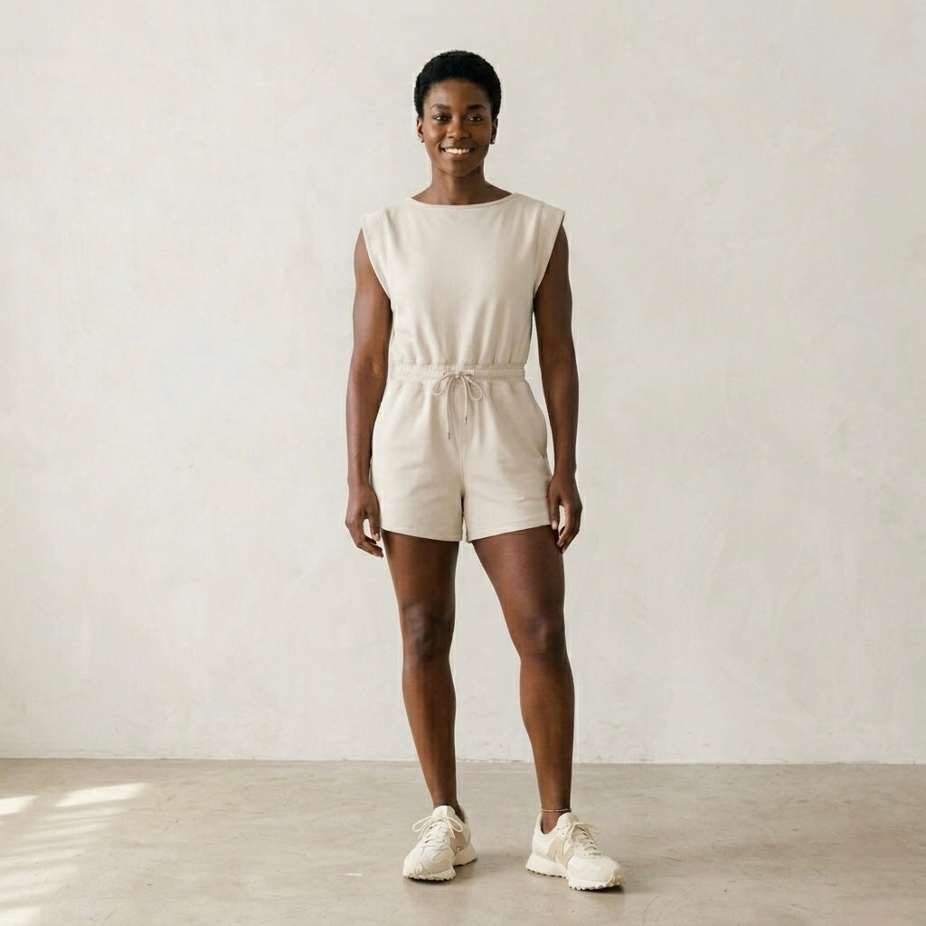 Womens Cream Throw & Go Shortsie Dupe Knit Muscle Sleeve Top Romper | S