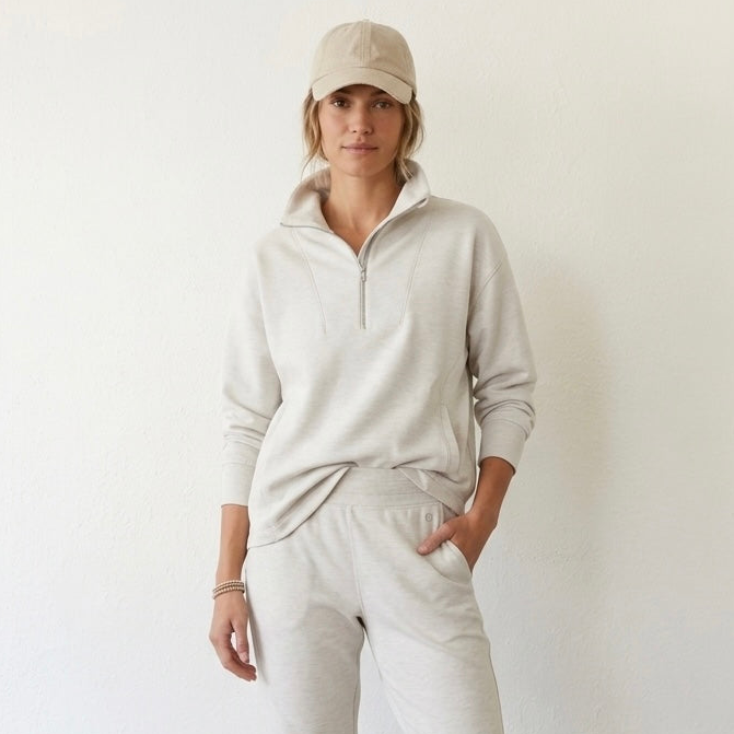 Zella Ultra Soft Half Zip Pullover in Beige Ivory Heather | XS