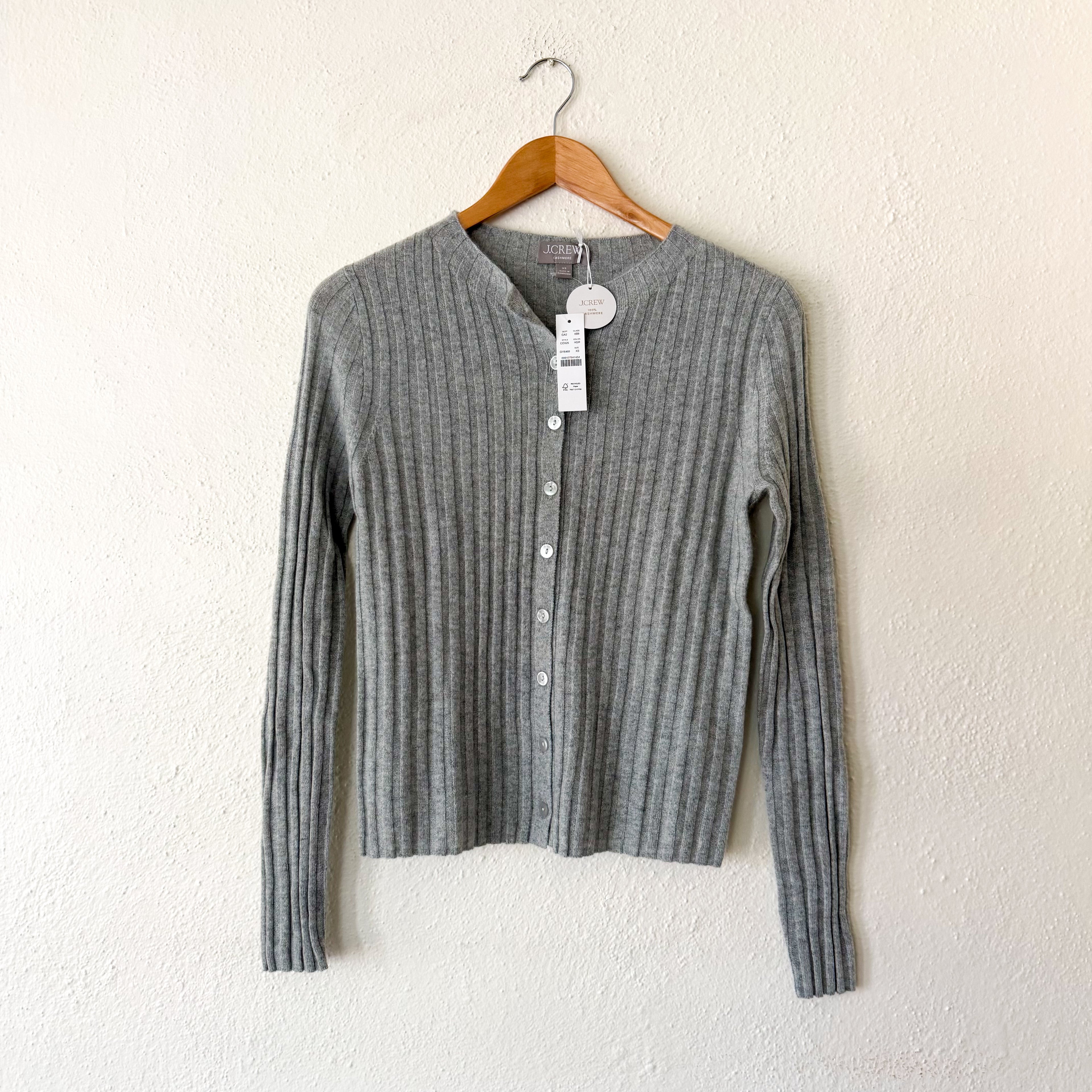 J.Crew 100% Cashmere Wide-Ribbed Grey Cashmere Cardigan Sweater | XS