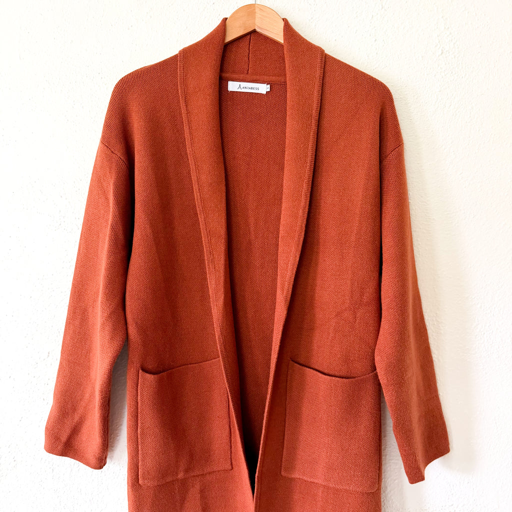 Anrabess Oversized Long Open Front Coatigan in Rust Brown | S