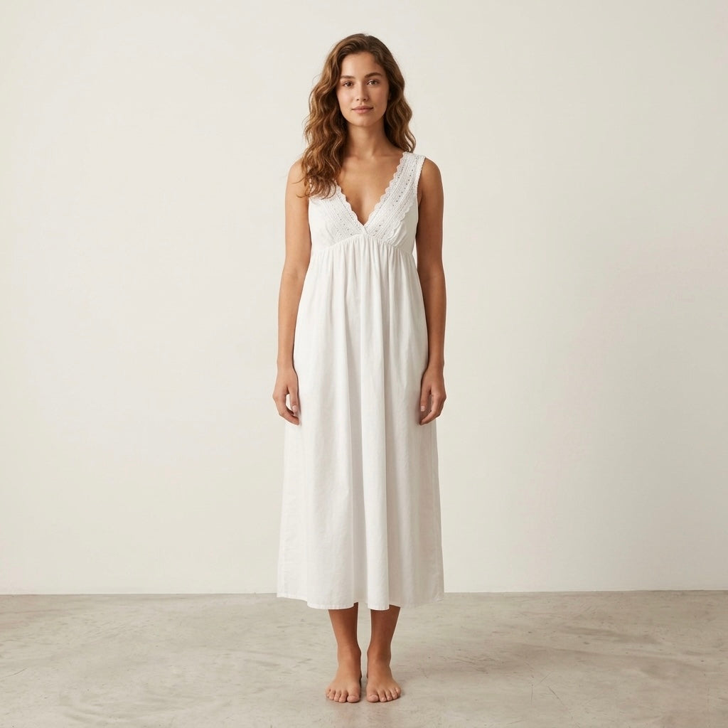 If Only If Nightwear 100% Organic Cotton Lace Bust Midi Nightgown | XS