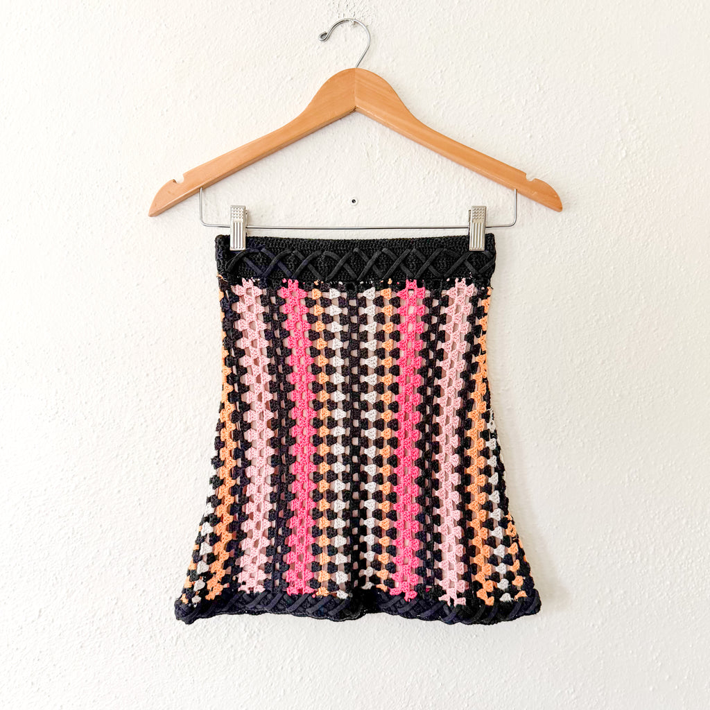 NBD Revolve Crochet Pink & Black Strapless Tube Top | XS