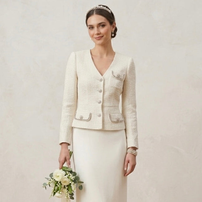 Self-Portrait Cream Rhinestone Embellished Tweed Boucle Belted Jacket | 0