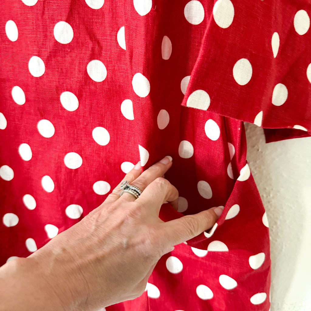 Posse Nina 100% Linen Red Polka Dot Elbow Sleeve Shift Mini Dress | S