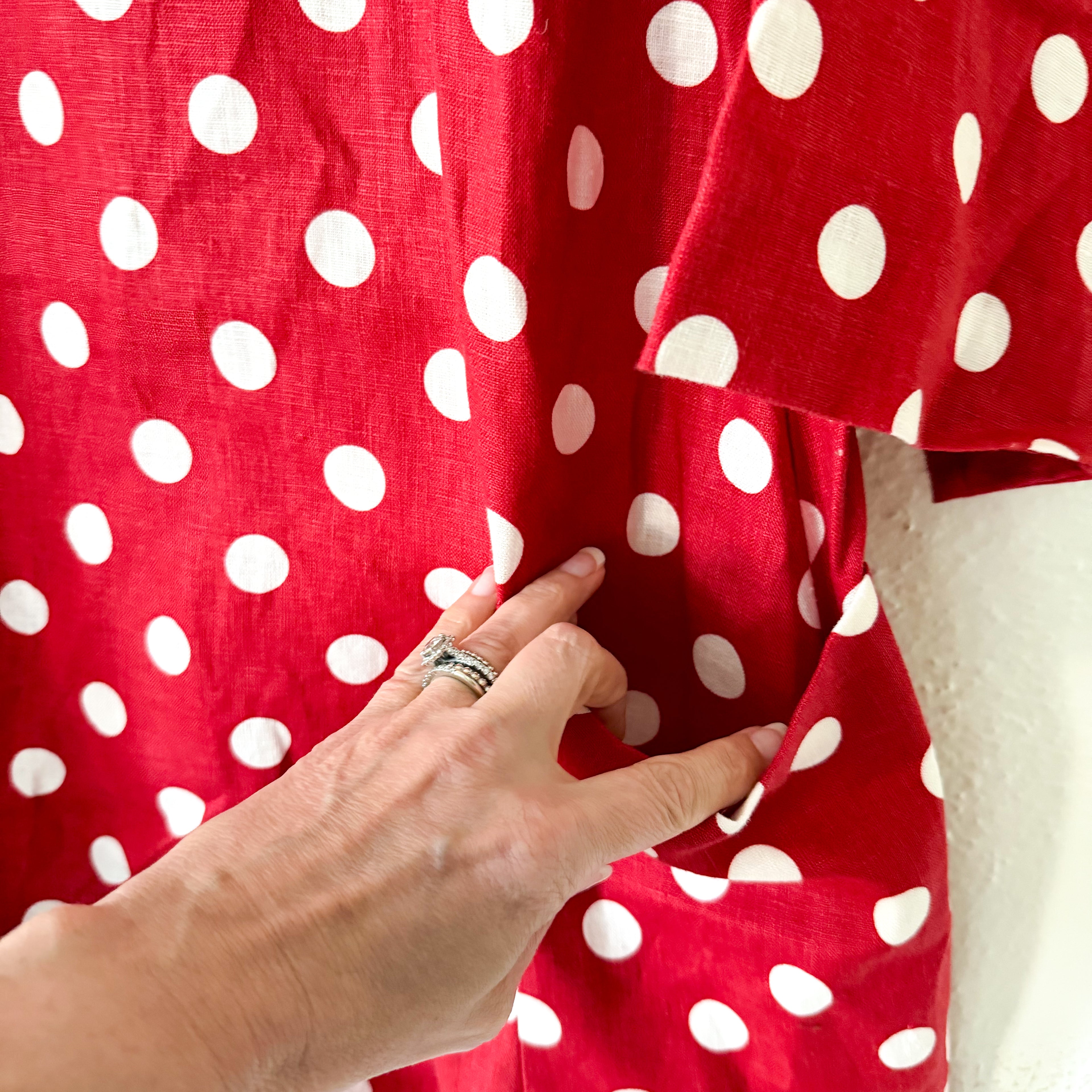 Posse Nina 100% Linen Red Polka Dot Elbow Sleeve Shift Mini Dress | S