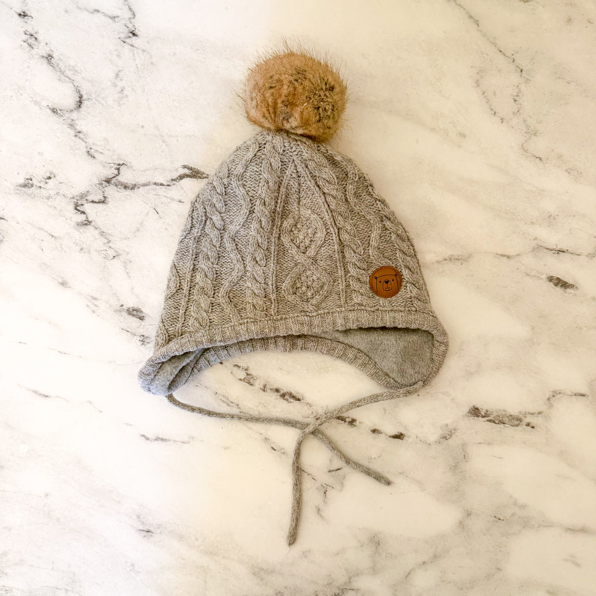 H&M Toddler Grey Cable Knit Pom Pom Beanie with Ear Flaps + Ties