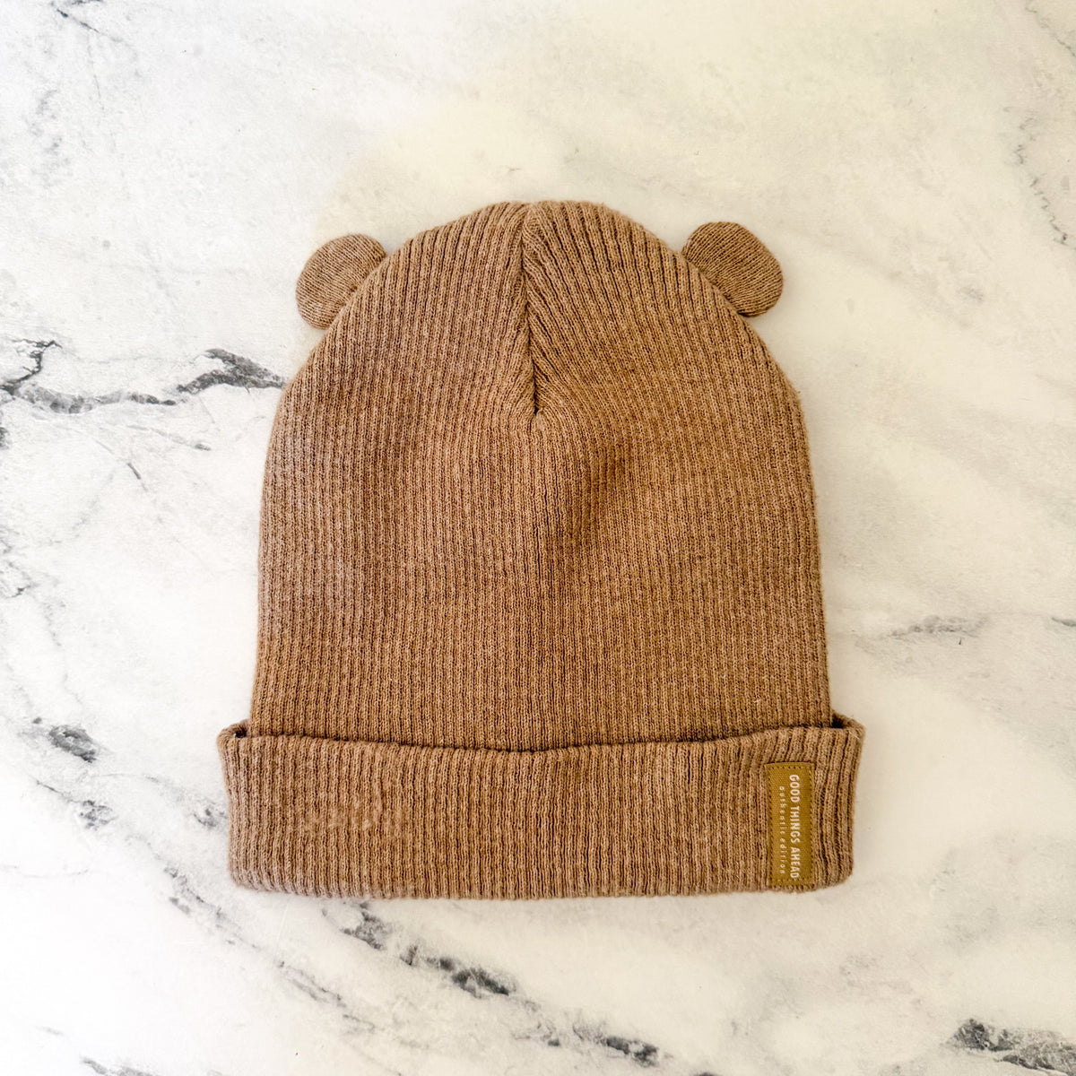 Zara Good Things Ahead Ribbed Teddy Ears Beanie in Pecan