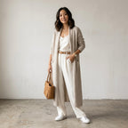 Treasure & Bond Open Front Long Duster Cardigan in Beige Oatmeal | XXS