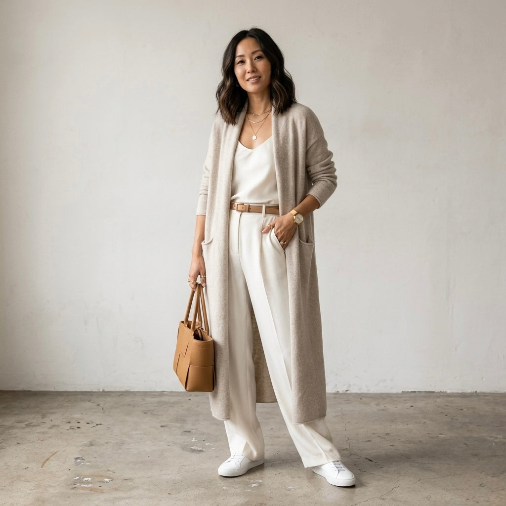 Treasure & Bond Open Front Long Duster Cardigan in Beige Oatmeal | XXS