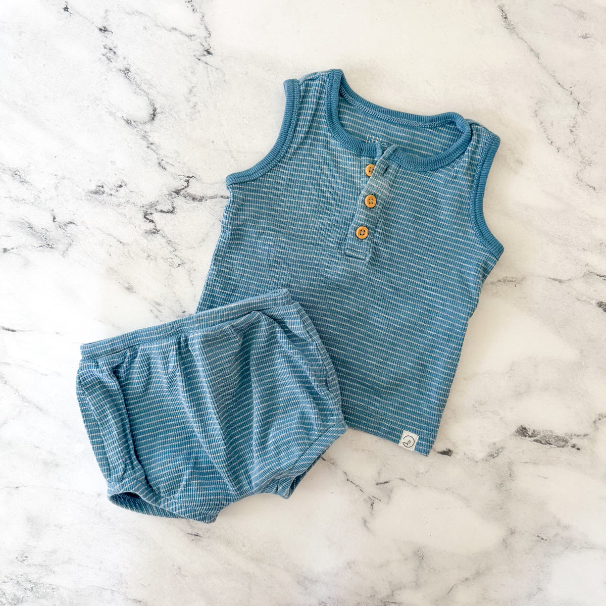 Little Planet Organic Ocean Blue Textured Sleeveless Shirt + Bubble Shorts Matching Set | 0-3m