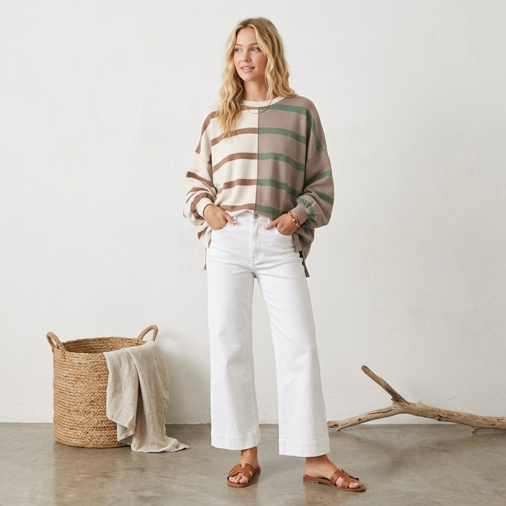 Free People Uptown Oversized Crewneck Pullover Sweatshirt Cream Brown Green |Small