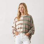 Free People Uptown Oversized Crewneck Pullover Sweatshirt Cream Brown Green |Small