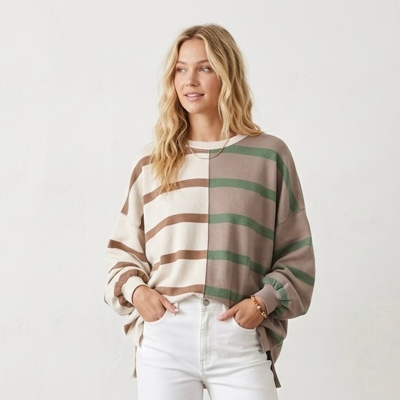Free People Uptown Oversized Crewneck Pullover Sweatshirt Cream Brown Green |Small