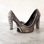 Tory Burch Matilda Pitone Rocha Snake Embossed Leather Block Peep Toe Heels | 6